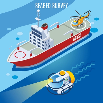 Sea bed survey background, research vessel and underwater apparatus with bright spotlight, isometric vector illustration