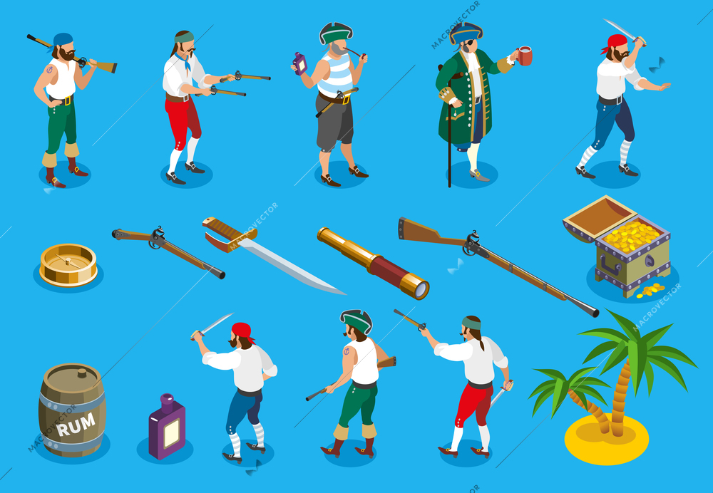 Pirates isometric icons with weapons and rum, marine accessories, treasure island, isolated on blue background vector illustration