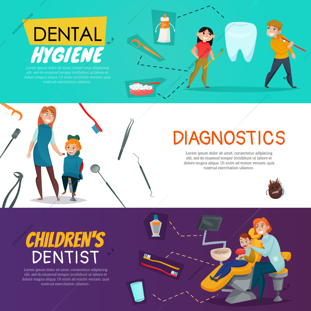 Tree pediatric dentistry horizontal banner set with dental hygiene diagnostics children s dentist vector illustration