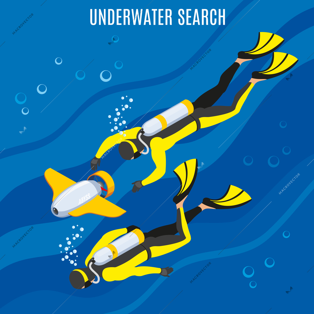 Divers with unmanned equipment during underwater search on blue background with bubbles isometric vector illustration