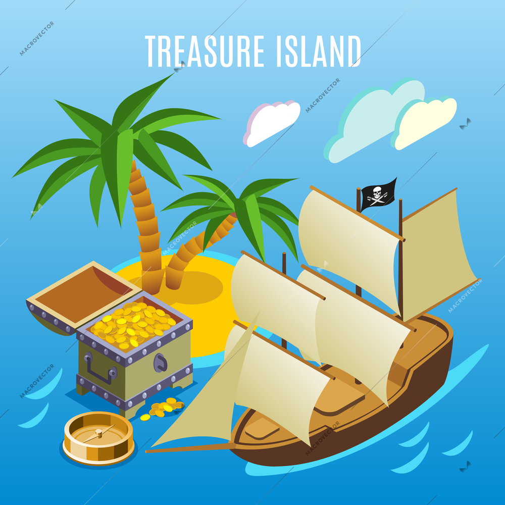 Treasure island with palm trees, pirate sail boat, chest of gold,  isometric game background vector illustration