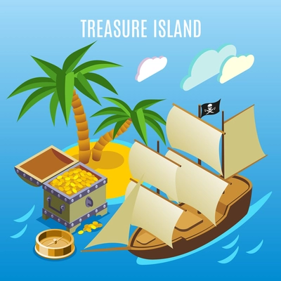 Treasure island with palm trees, pirate sail boat, chest of gold,  isometric game background vector illustration