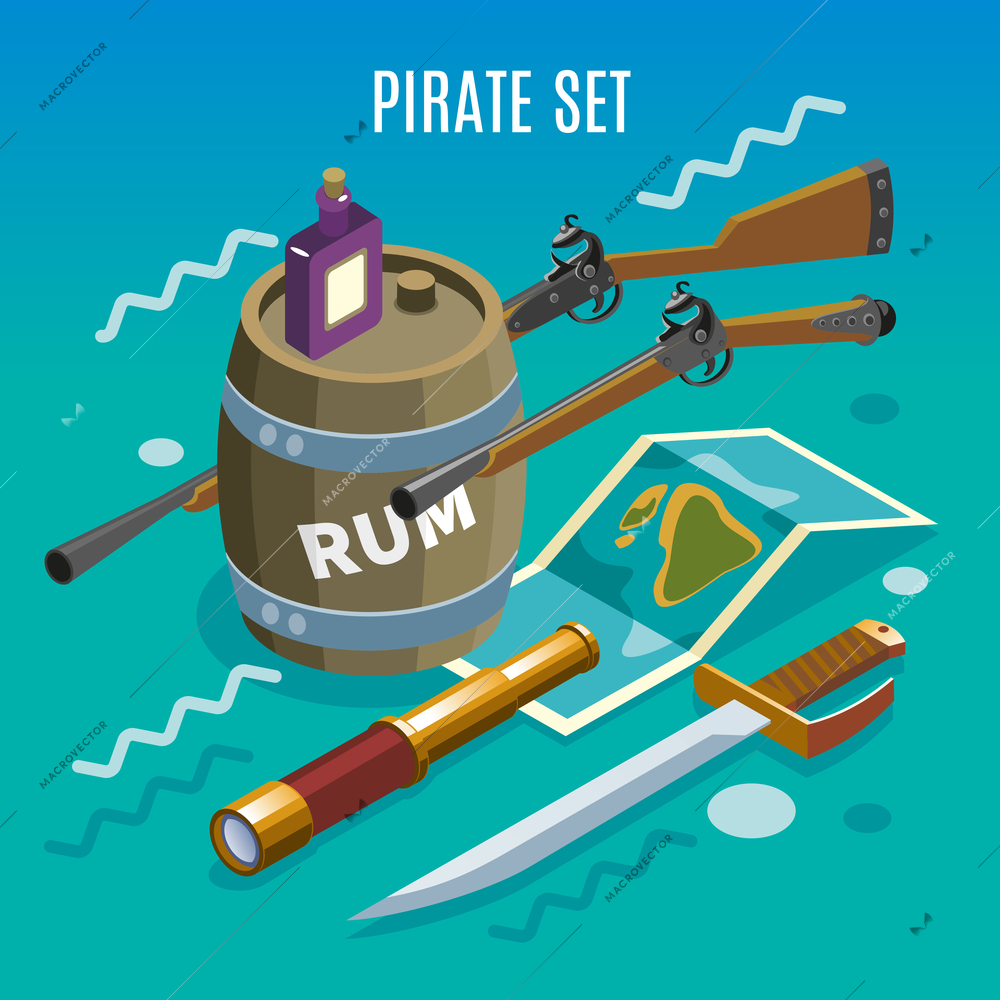 Pirate set including weapons, treasure map, spyglass, bottle and barrel rum game background isometric vector illustration