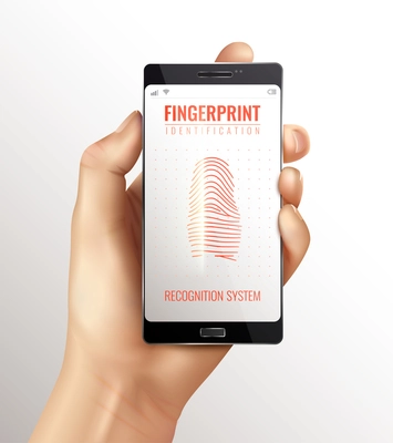 Hand holding smart phone with finger print identification recognition system on screen realistic vector illustration