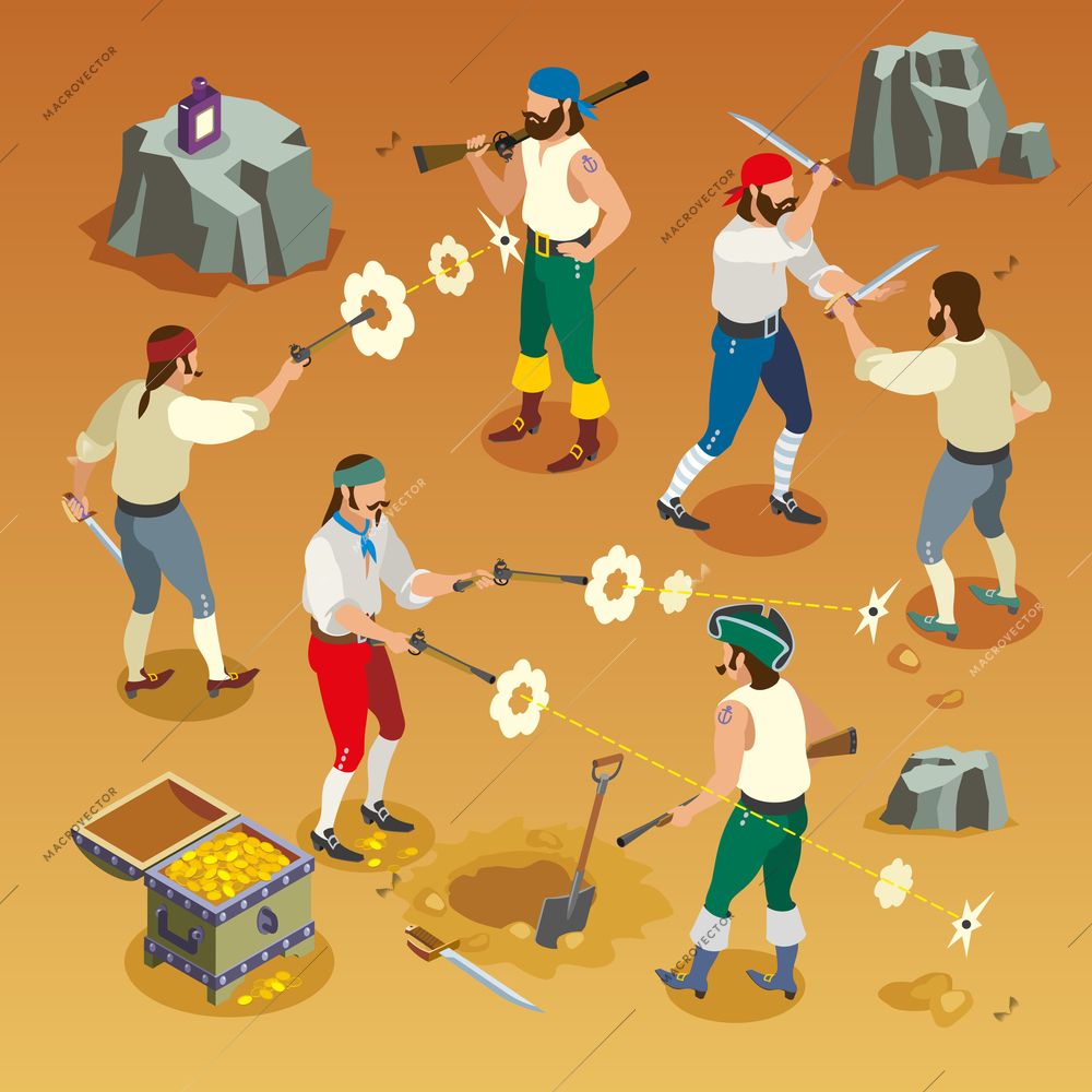 Pirates game isometric composition with men during fight on sand background with bullet holes vector illustration