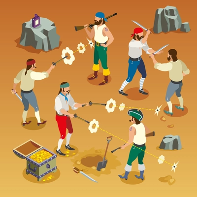 Pirates game isometric composition with men during fight on sand background with bullet holes vector illustration