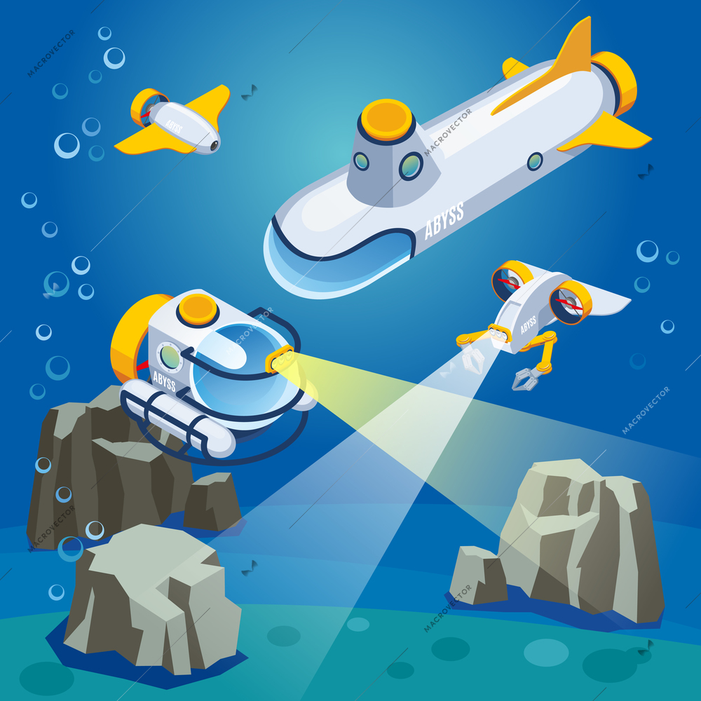 Underwater vehicles including unmanned equipment and submarine, composition on blue background isometric vector illustration