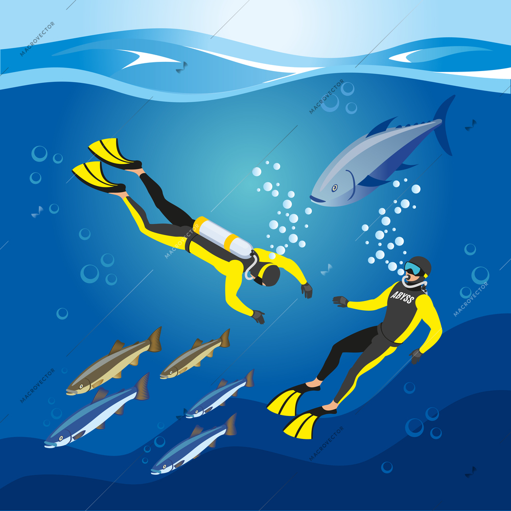 Underwater depths research, divers with scuba equipment and fishes, composition on blue background, isometric vector illustration