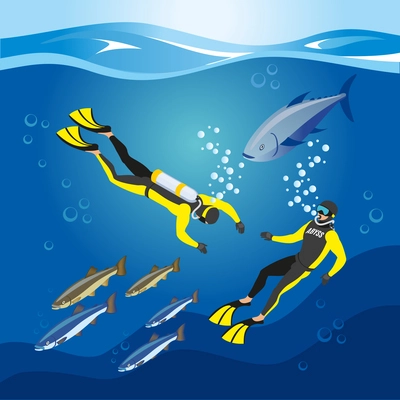 Underwater depths research, divers with scuba equipment and fishes, composition on blue background, isometric vector illustration
