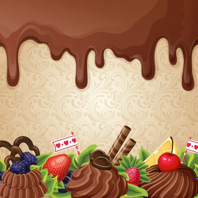 Sweets dessert background with milk chocolate syrup cream and ornament vector illustration