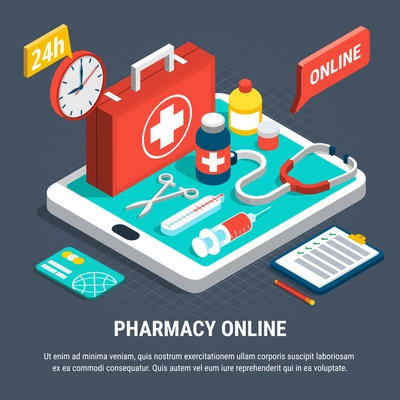 24 hours online pharmacy service isometric concept with first aid kit and other medical equipment 3d vector illustration
