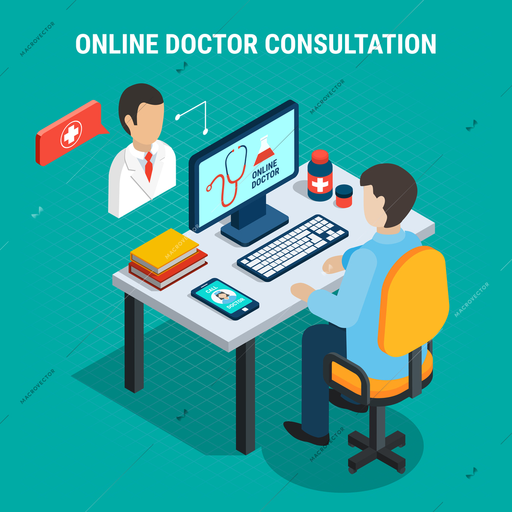 Online doctor medical consultation concept on blue background 3d isometric vector illustration