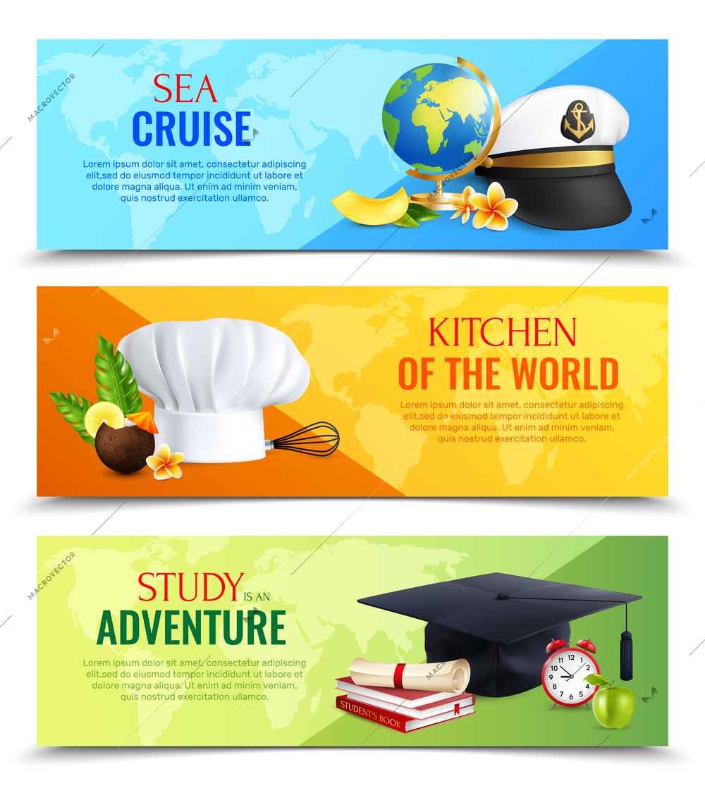 Different professions horizontal banners with realistic hats of captain, cook and student, colorful background isolated vector illustration