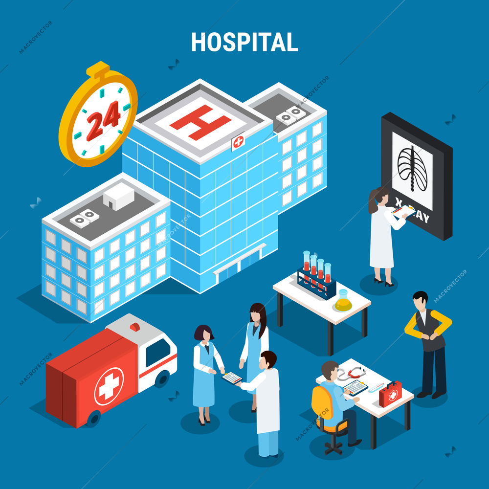 Medical isometric set with hospital building ambulance car and doctors at work isolated on blue background 3d vector illustration