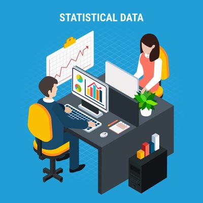 Statistical data isometric background with male and female coworkers processing information at their workplace vector illustration