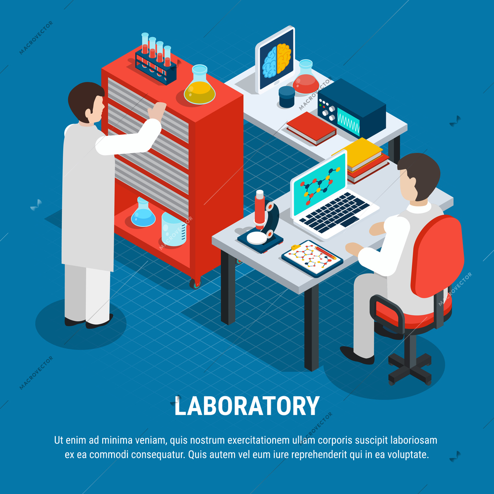 Two specialists working at medical laboratory isometric concept on blue background 3d vector illustration