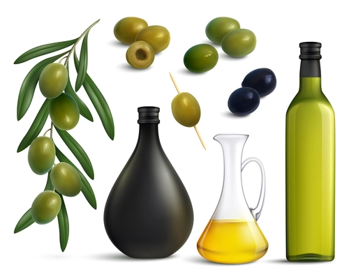 Set of realistic green and black olives and oil in glass jug and bottles isolated vector illustration