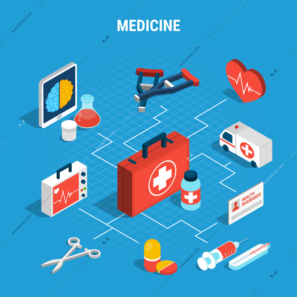 Medicine isometric flowchart with various medical objects on blue background 3d vector illustration