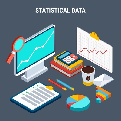 Statistical data isometric design concept with calculator stationery items graphs on computer screen vector illustration