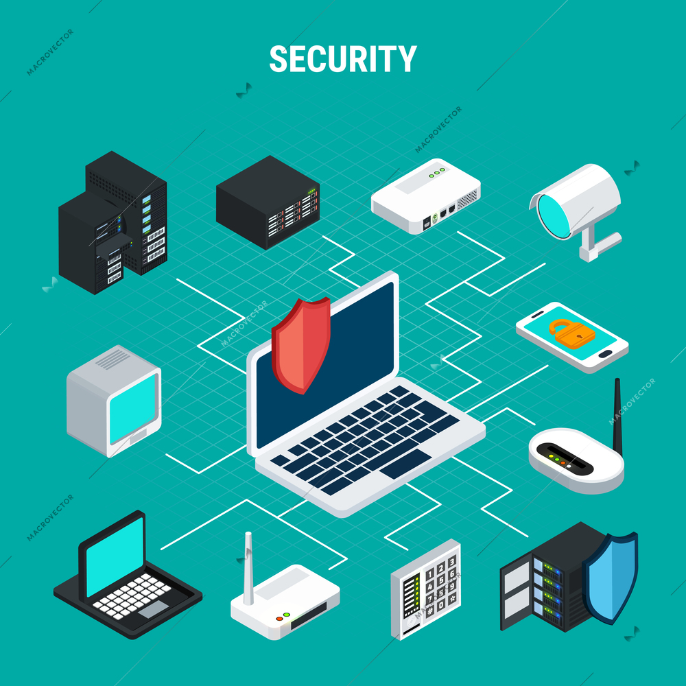 Security isometric flowchart with icons showing wireless data exchange and elements of protection services vector illustration