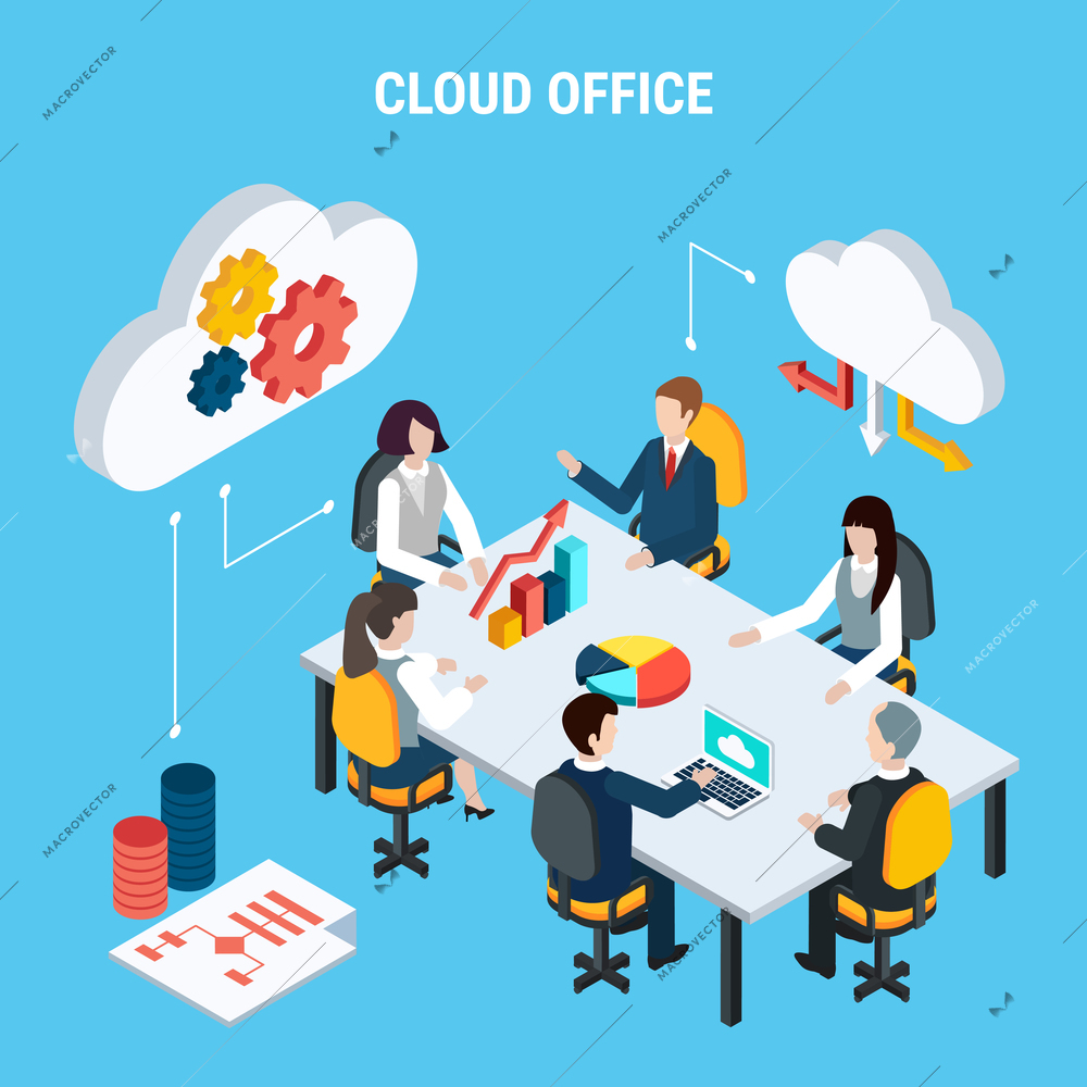 Cloud office isometric poster with employees sitting in staff workplace and remote access settings icons vector illustration