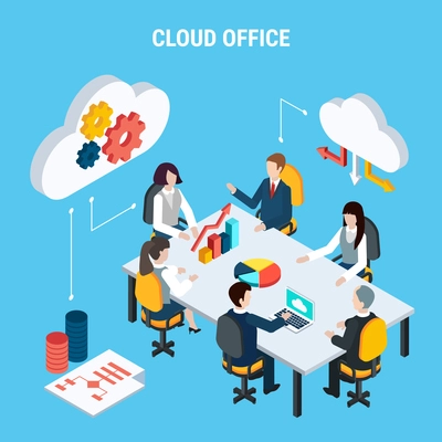 Cloud office isometric poster with employees sitting in staff workplace and remote access settings icons vector illustration