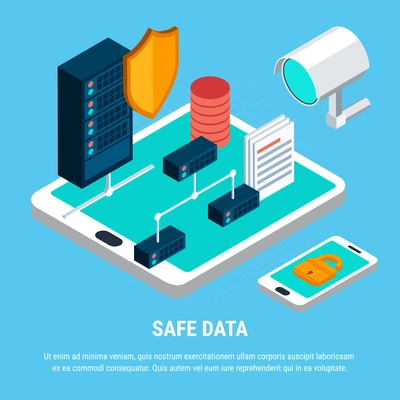 Safe data design concept with  lock surveillance camera and shield as security symbols server and smartphone isometric icons vector illustration