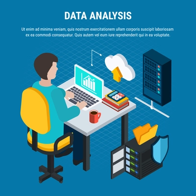 Data analysis isometric background with man sitting in office and working at computer with cloud storage vector illustration