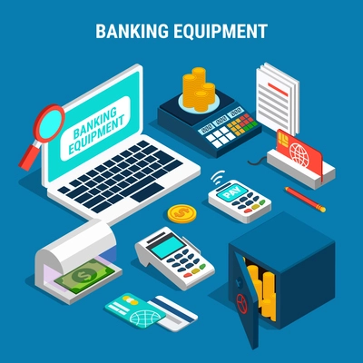Banking equipment including currency detector, safe with gold, payment cards, isometric composition on blue background vector illustration