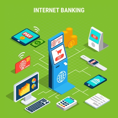 Internet banking isometric flowchart on green background with online payment by mobile devices or terminals vector illustration