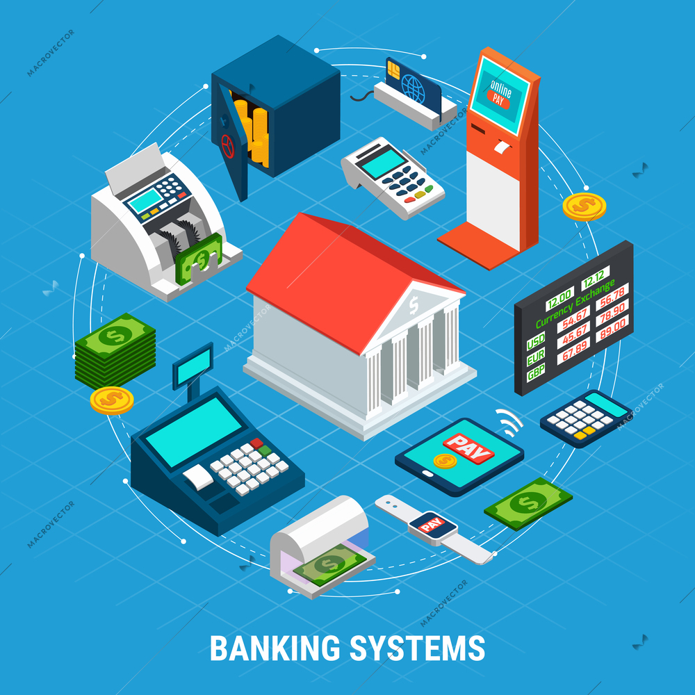 Banking systems isometric round composition on blue background with office building, professional equipment, payment terminals vector illustration