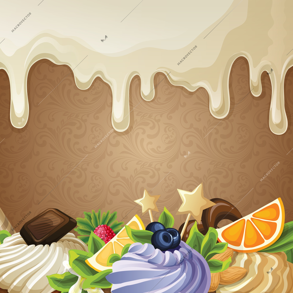 Sweets dessert background with white chocolate syrup nuts cream and decoration vector illustration
