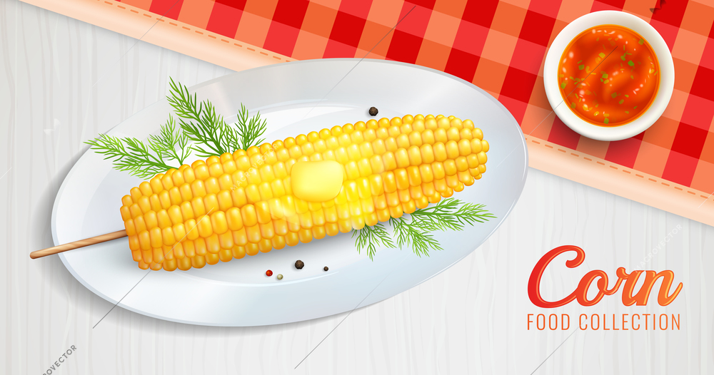 Realistic baked buttered corn cob on white plate and tomato sauce on table with napkin vector illustration