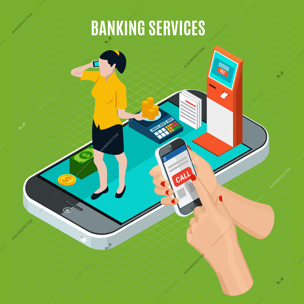 Banking services isometric composition on green background with communication between clerk and client by phone vector illustration