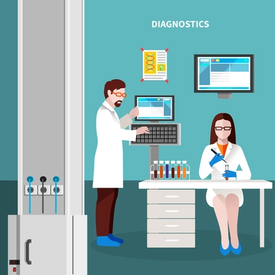 Scientists people multicolored concept with man and woman at the workplace in lab and diagnostics headline vector illustration