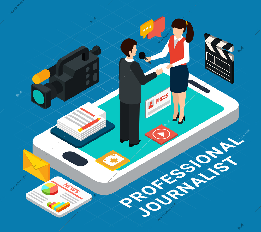 Photo video isometric conceptual composition with pictograms and smartphone with interview subject and reporter human characters vector illustration