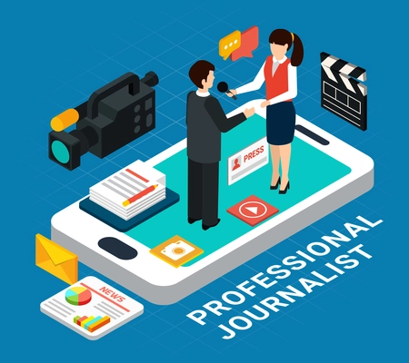 Photo video isometric conceptual composition with pictograms and smartphone with interview subject and reporter human characters vector illustration