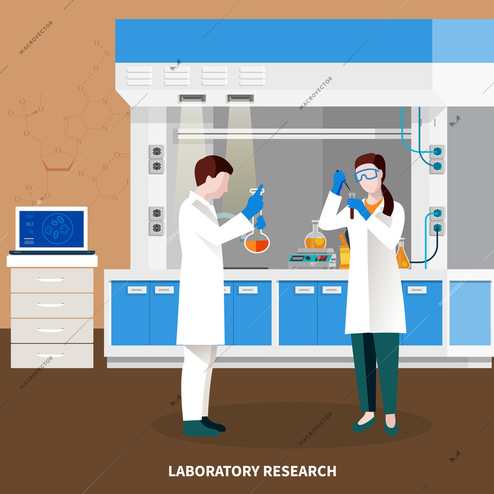 Scientists people multicolored composition with laboratory research headline and two researchers at work vector illustration