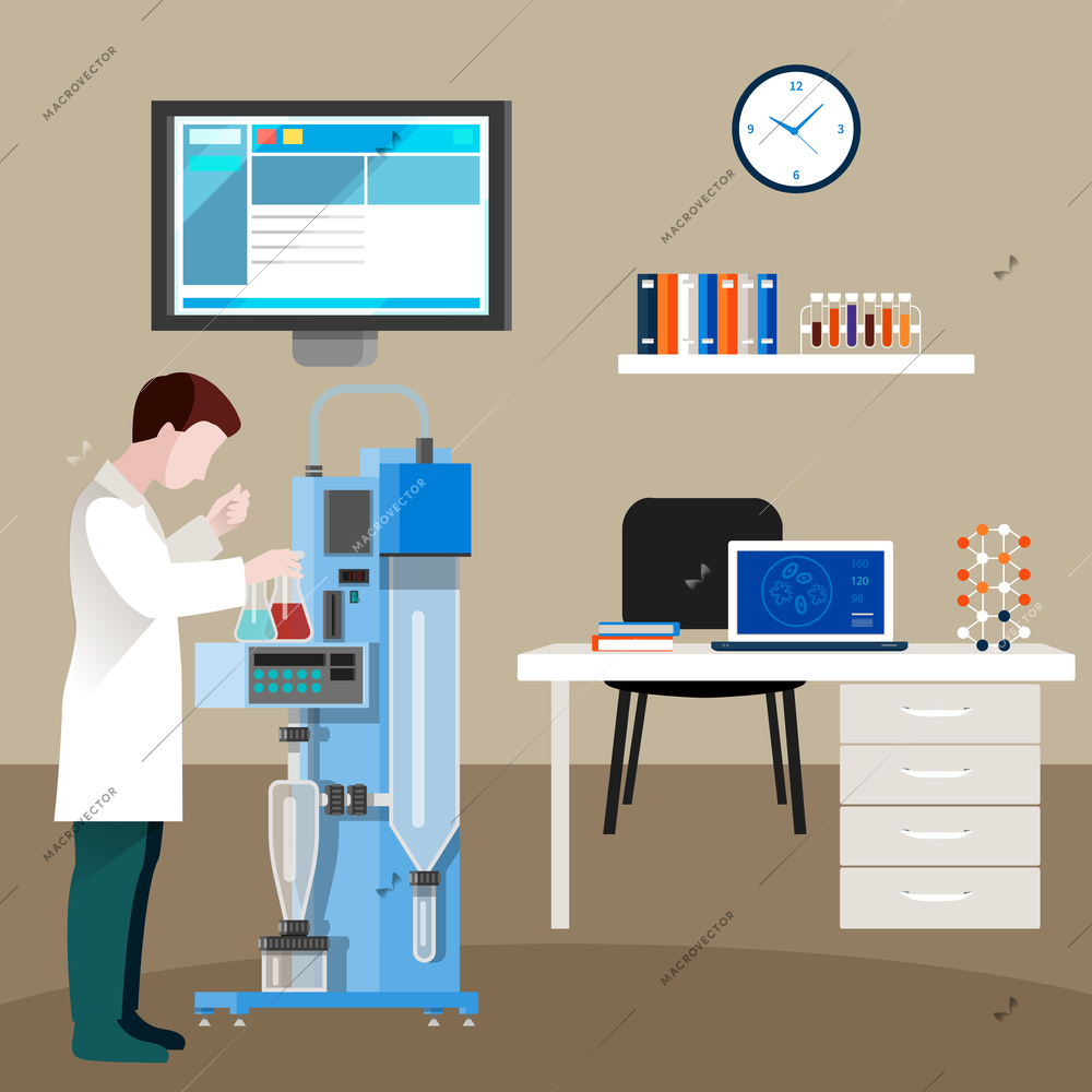 Scientists people in cabinet vector illustration with laboratory equipment and work desk vector illustration