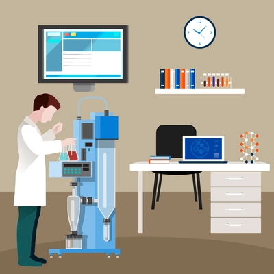 Scientists people in cabinet vector illustration with laboratory equipment and work desk vector illustration