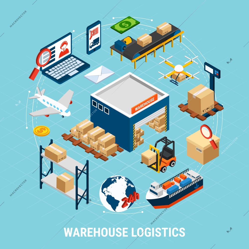 Warehouse logistics isometric concept with delivery freight transport and cargoes 3d vector illustration