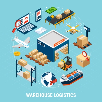 Warehouse logistics isometric concept with delivery freight transport and cargoes 3d vector illustration