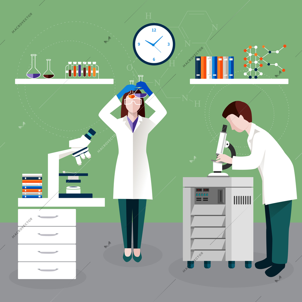 Scientists people and laboratory composition with researchers with flasks and a microscope vector illustration