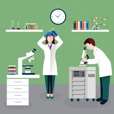 Scientists people and laboratory composition with researchers with flasks and a microscope vector illustration