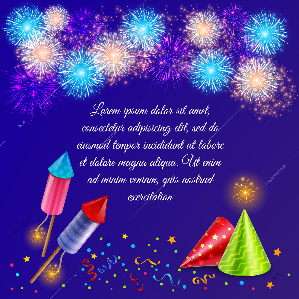 Fireworks background composition with ornate firework display images of firecrackers party hats and confetti with text vector illustration