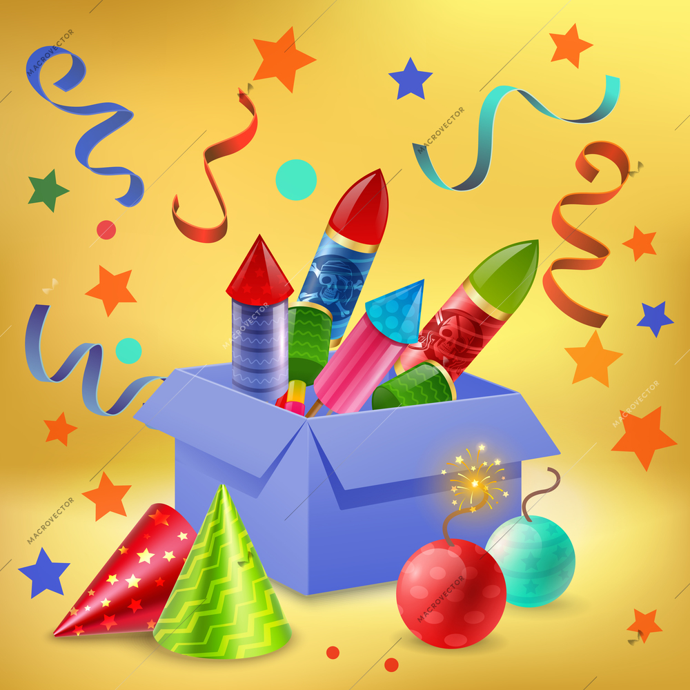 Fireworks composition of realistic gift box filled with firecrackers confetti sparkler balls and party hats vector illustration