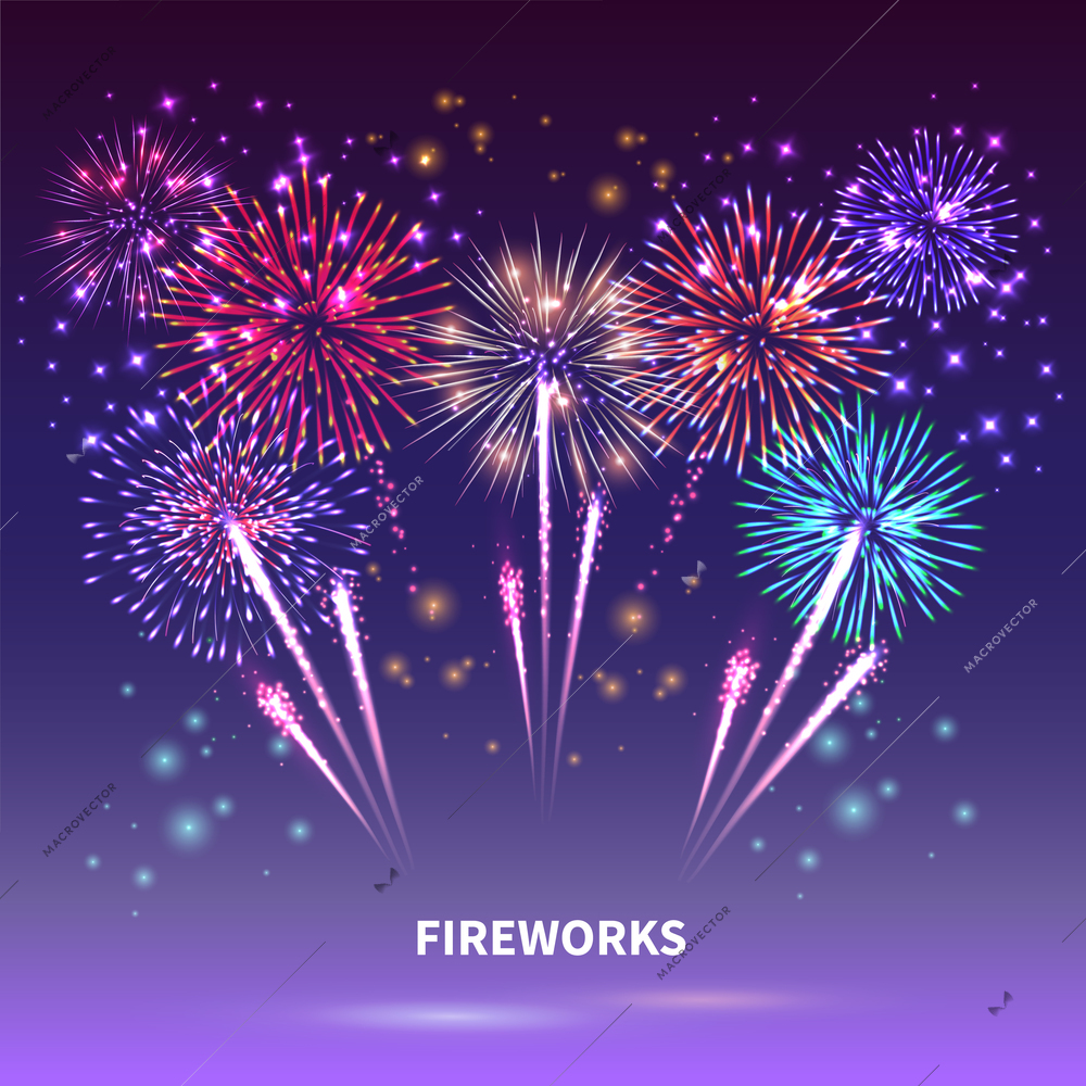 Fireworks composition with colourful images of shiny firework spots of different shape on gradient background vector illustration