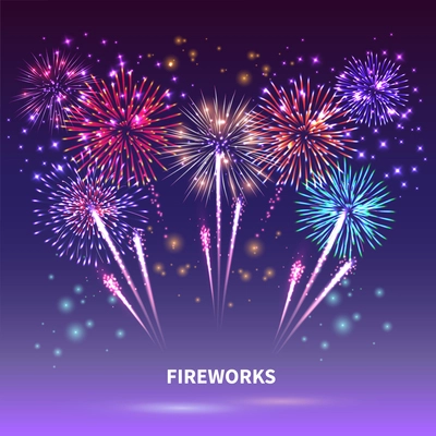 Fireworks composition with colourful images of shiny firework spots of different shape on gradient background vector illustration