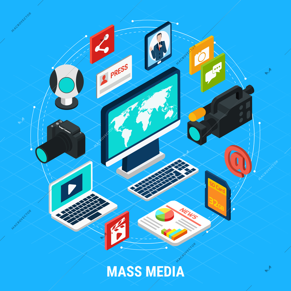 Photo video isometric round composition of isolated images computers shooting equipment and infographic pictograms with text vector illustration