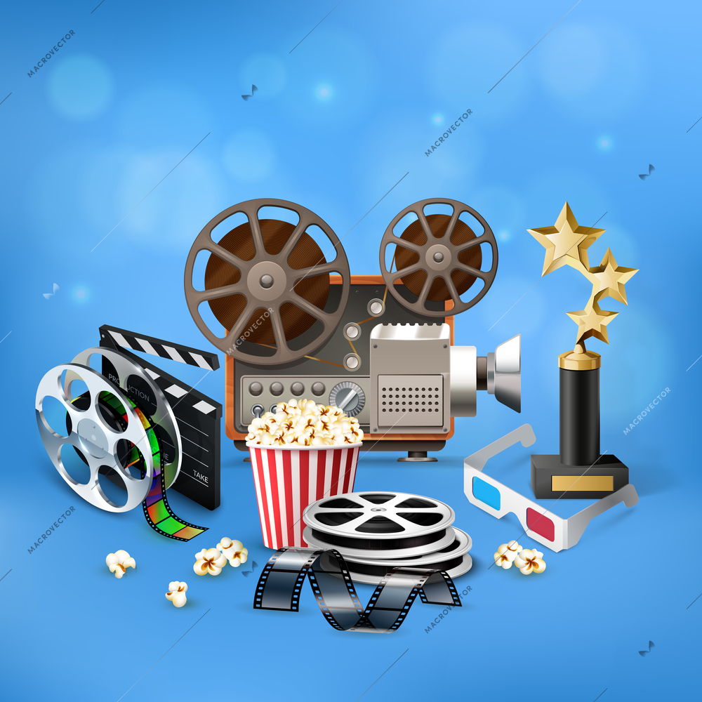 Realistic blue cinema background with popcorn bucket camcorder golden trophy clapboard and film strip vector illustration